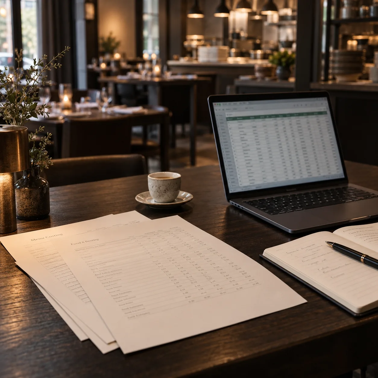 Restaurangbord med utskrivna kalkylblad, laptop med kalkylprogram, anteckningsbok med penna och en kaffekopp i kvällsljus